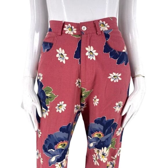 90s Ralph Lauren floral pants 6, vintage 1990s retro bark cloth jeans - Picture 3 of 10